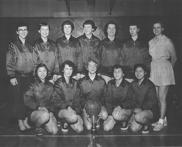 KHS Senior Girls Basketball "Red Angels" 1954-55 - Top Row-Barbara Stephens (Mgr), Pat Tucker, Ethel Fowles, Carol Holt, Margo Kenward, Helen Emerich, Lois Withers (Coach).  Bottom Row-Sumi Yamada, Janis Thornley, Gloria Allen, Maureen Schollen, Nori Goto