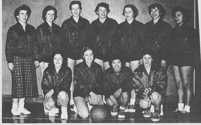 KHS Senior Girls Basketball "Red Angels" 1956-57 - Top Row- Sharron Martin, Gayle Stewart, Marilyn Hannah, Carol Holt, Joan Moore, Bev Ford, Susan Gottfriedson.  Front Row- Arlene Chorney, Margaret Borsato, Tomi Yamada, Gwen Cook. Missing: Sumi Wakabayashi