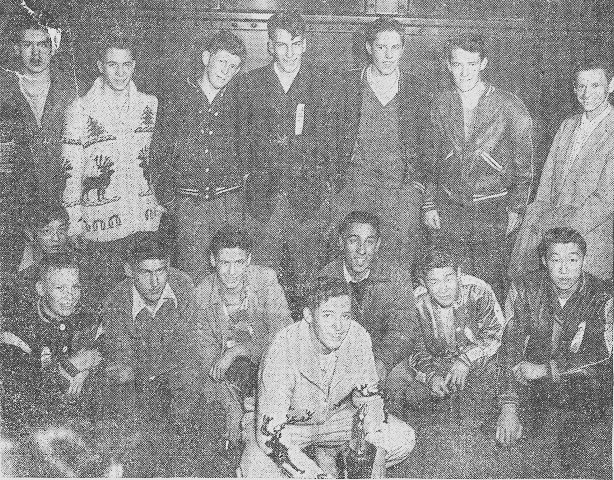 Kamloops Midget All-Star 1953-54 BC Champions - Back Row:- Don Wilkie, Al Raymond, Bruce Harrison, Hugh Fossett, Gord Tansley, Jerry Stenson, George Morton (Coach).  Front Row:- Norio Sakaki, Doug Smith, Everett Miller, Bob Gannon, Bud Schollen, Chern Singh, Dick Sawada, Tom Miyahara.  Missing:- Wayne Olson, Ron Baker, Dave Gillespie, Cec Williamson (Manager).