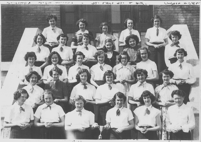 KHS Junior Choir  1950-51 - 5th Row-?, Eleanor Higham, Ethel Fowles, Joanne Coxson, Joan Madill.  4th Row-Helen Hayward, Techeka Levet, Audrey Richards, Donna Morse, ?, Norma Peters.  3rd Row-Janice Thornley, Jean Yallop, Gail Martin, Unknown,  Bernice Armstrong, Marlene Weys, Gail Anderson.  2nd Row-Donna Andrew, April Morrison, Glenda Lamb, Arlene Corbin, Mary Matonovich, Elnora Dumond.  1st Row-Joan Ellis,  Mary Linell, Joan Wyse, Tina Ceci, Jean Nesbitt, Kathleen Lawrence (Teacher)