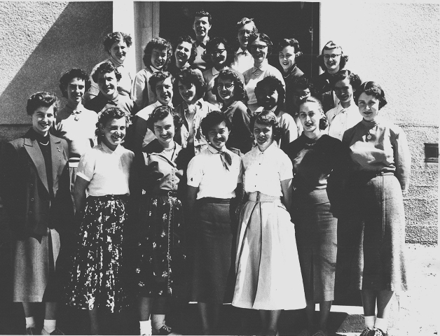KHS "Y Teens" -  1955-56 - Top Row-Pat Tucker, Jacqua Howard.  3rd Row-Dorothy Bradshaw, Rose Harvey, Janice Davies, Ruth Motokado, Donna Donaldson, Jo Hasler, Anne Weldrake.  2nd Row-Charoltte Burton, Sandra Ashby, Claudia Newman, Evelyn Bowman, Jessie Brkovich, Misako Serizawa, Betty Liu, Frances Woodward.  1st Row-Barbara McDonald, Lois Patterson, Pat Vicars, Alice Mori, Maureen Garf, Wendy Sparks, Colleen Stainton