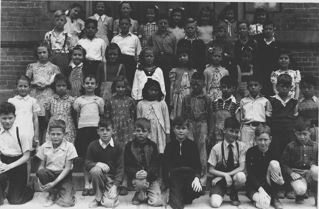 Stuart Wood School, Grade 3-4 Split, 1946-47 - Top Row-Violet Bailey, Anne Howie, Glenda Lamb, Pat Tucker, Marilyn Bedard, Sandra Ashby, Wendy Finn, Deanna Martin.  4th Row-Ray Wallace, Frank Gottfriedson, Dave Heron, Clifford Pickford, Ed Sahlstrom, Vernon Lloyd, Gordon West-Johnson, John Glowacki.  3rd Row-Helen Spinder, Audrey Notman, Connie Begg, Mary Ann Ellis, Claudia Newman, Velma Carlson, Ann Carey, Barrie Fleming.  2nd Row-Beth Pasquille, Eleanor Humphrey, Margaret Nesbitt, Margaret Ferrier, Kiyoko Oishi, John Arnold, Earle Todd, Read English, Bob Wayne, Takashi Kitamura.  1st Row-Don Swaille, ?, Johnston Pinchback, Howard Bloom, John McLeod, George Horner, Robert Walker, Gerry Scott