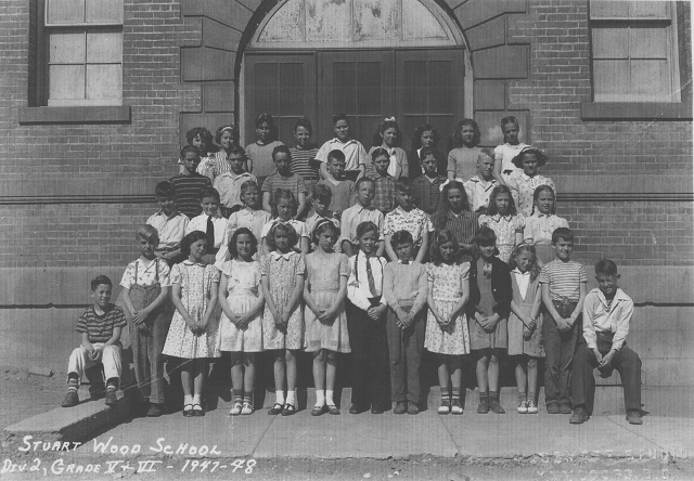 Stuart Wood School, Grade 5 -6 Split, Mr. Frank Dey,  1947-48 - Top Row-Glenda Lamb, Audrey Richards, Mervin Campbell, Donald LeBlond, George Massey, Emma Commazetto, Janet Moore, Margo Kenward, Bonita Fiander.  3rd Row-Bev Ross, Duncan Campbell, George Heron, Bryan Gardiner, Walter Smeaton, Bill Smeaton, Loren Kerr, Jean Yallop.  2nd Row-Lloyd Johnson, Ian Fraser, Jean Murray, Joan Wyse, Doug Moen, Victor Lasko, Ted Strand, April Morrison, Joan Ellis, Iris Young.  1st Row-Read English, Frank Sawracki, Vivian Fennel, Jean Nesbitt, Flora McKnight, Lucie Meunier, Gordon West-Johnson, Tom Kenal, Arlene Biollo, Donna Morse, Beth Pasquille, David Milligan, Bill Dodsworth