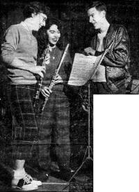 Going over the music to 'Loch Lomond' are tartan-troused Barbara Howard, Vicki Martin and Johnston Pinchback  Glasgow